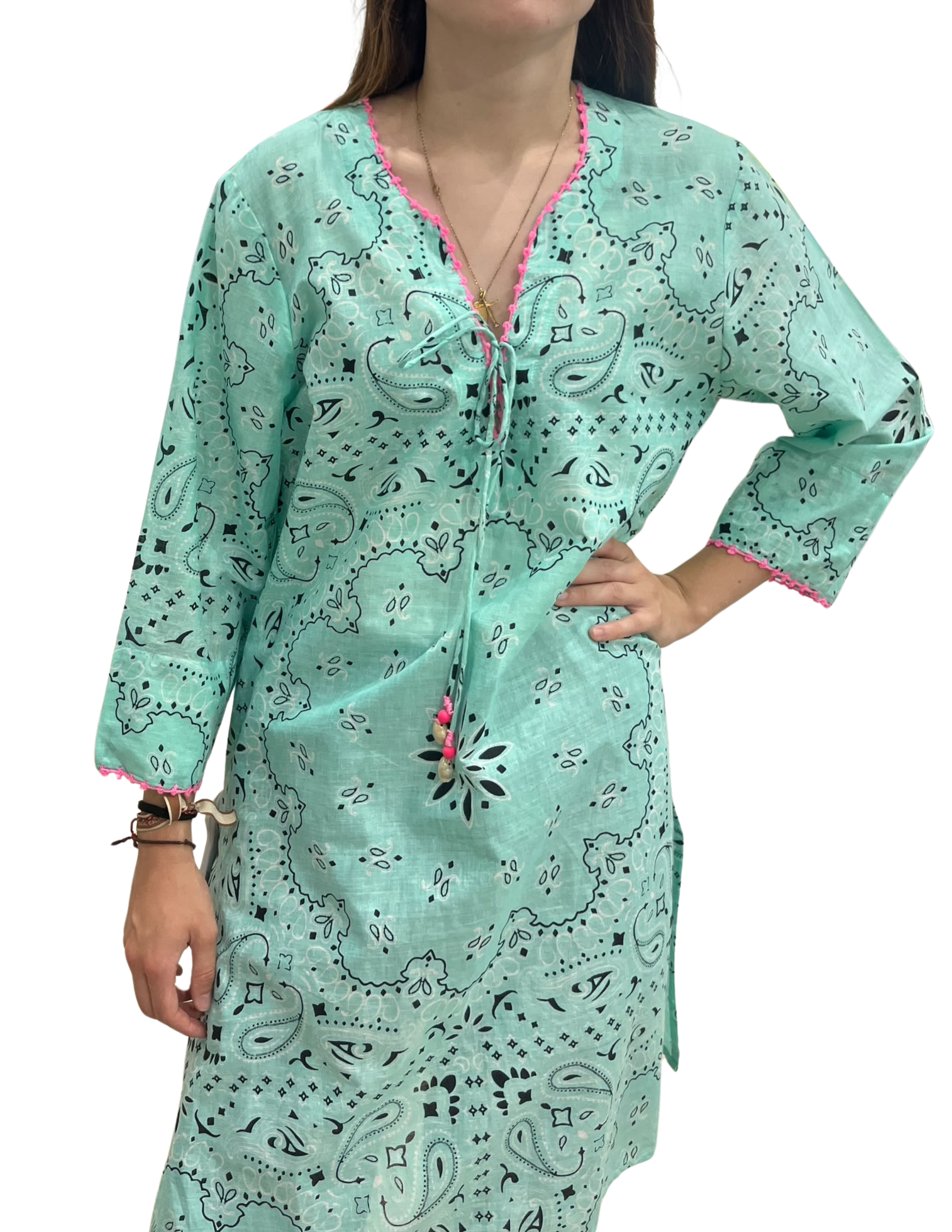 Vestido mujer azul turquesa y filo rosa